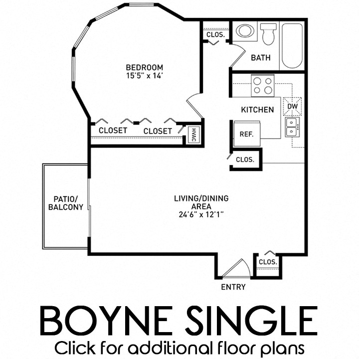 Floor plan for 1 bed, 1 bath, 750 sqft